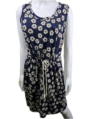 Lands' End Navy Blue Floral Sleeveless Drawstring Waist Dress Small